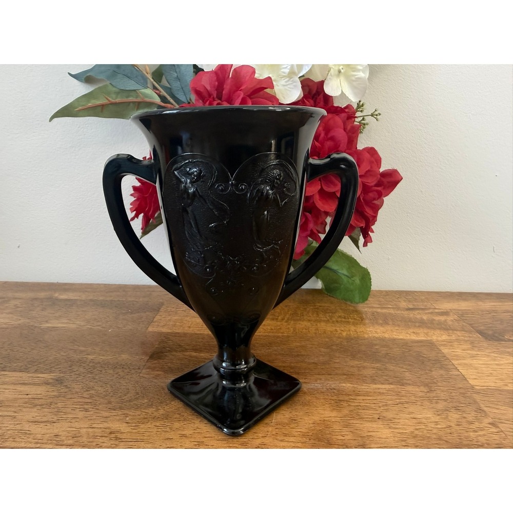 Vintage Black Amethyst Art Nouveau Lady Figural Trophy Vase Double Handle Decor‎